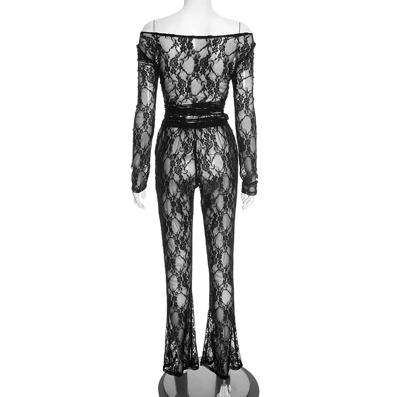 Off shoulder long sleeve lace see through pant set