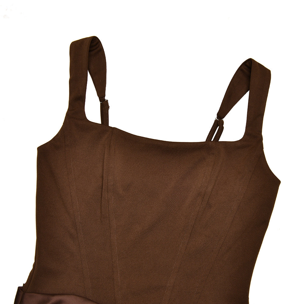 Ruched u neck backless solid cami maxi dress