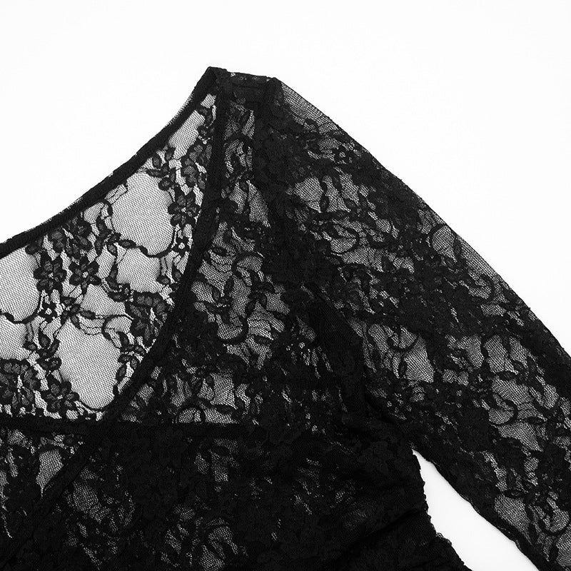 Off shoulder long sleeve lace see through pant set