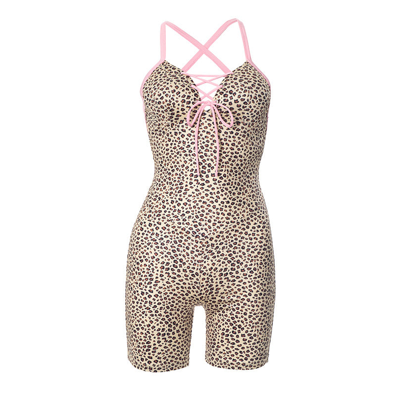 Leopard print cross back self tie backless romper