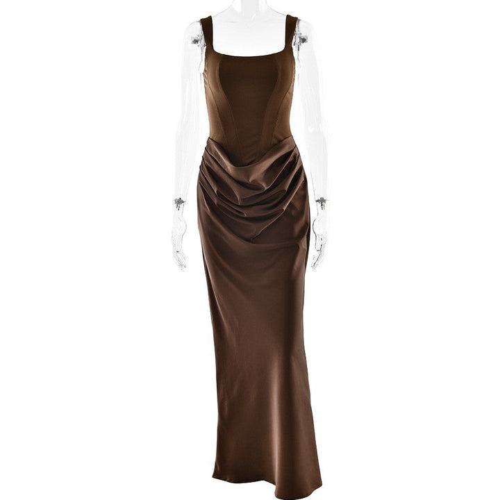 Ruched u neck backless solid cami maxi dress