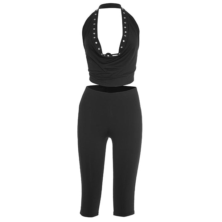 Halter self tie cowl neck hollow out pant set