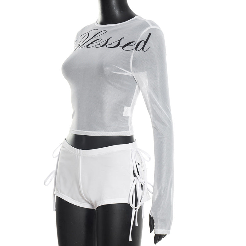 Long sleeve crewneck mesh letter pattern gloves pant set