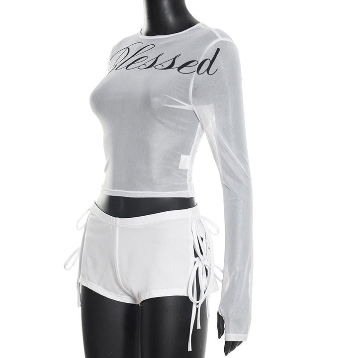 Long sleeve crewneck mesh letter pattern gloves pant set