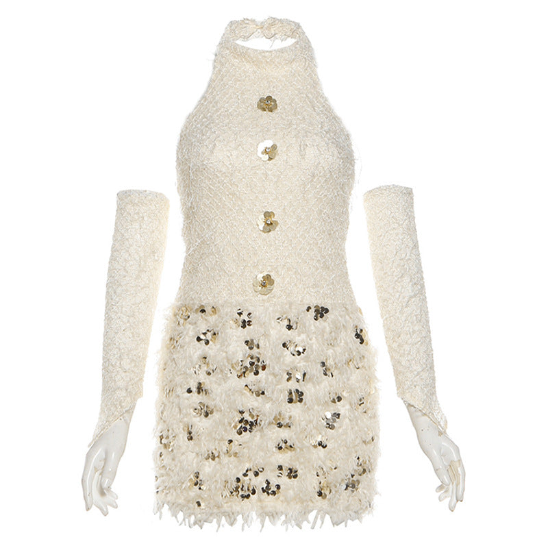 Halter glitter gloves raw hem backless mini dress
