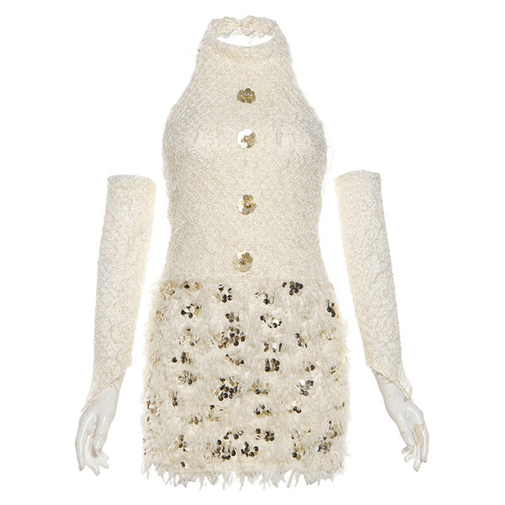 Halter glitter gloves raw hem backless mini dress