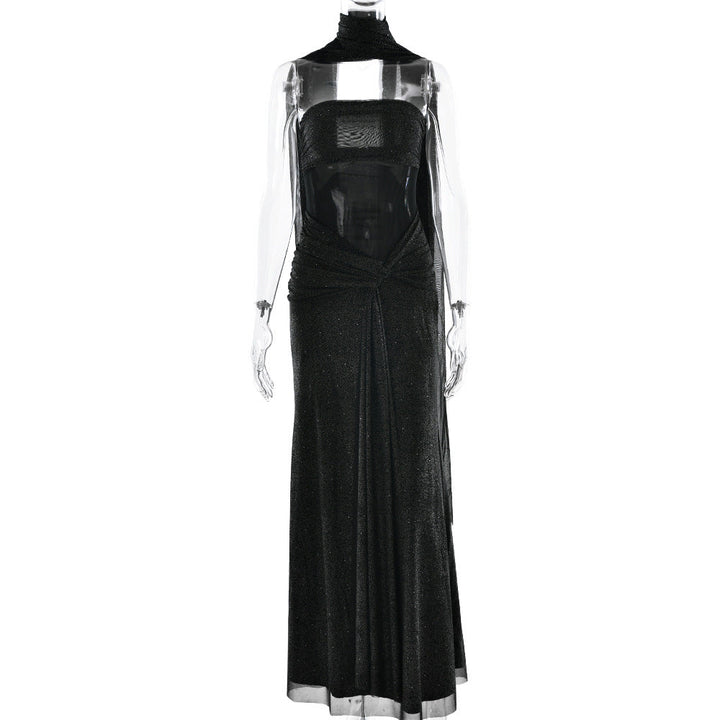 Ruched irregular backless tube maxi dress