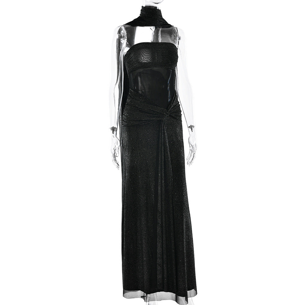 Ruched irregular backless tube maxi dress