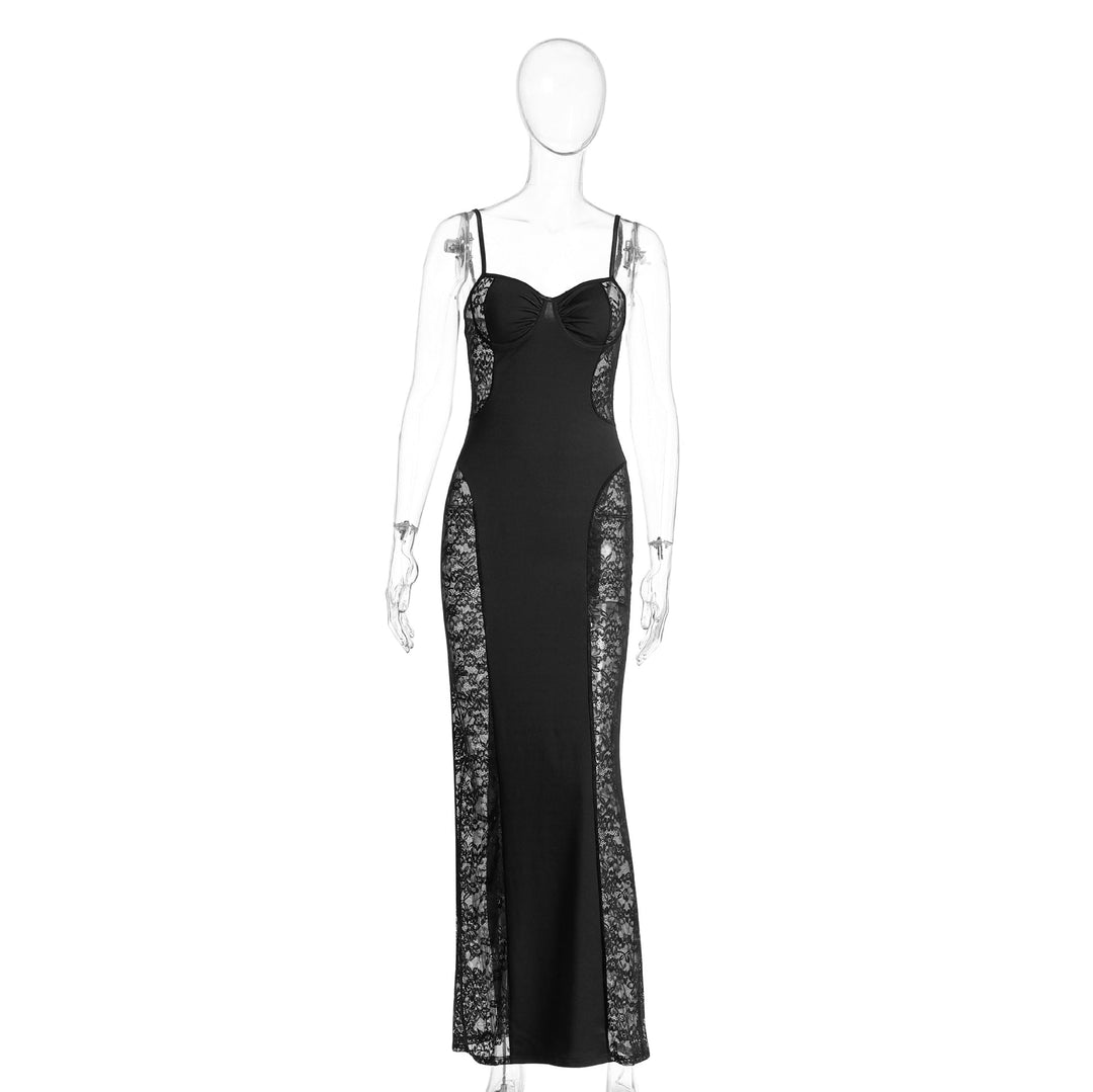 Lace slit v neck zip-up cami maxi dress