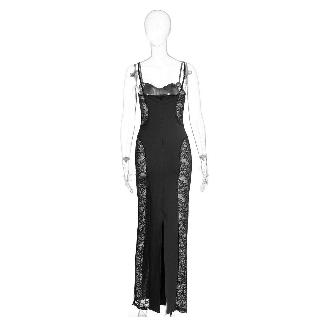 Lace slit v neck zip-up cami maxi dress