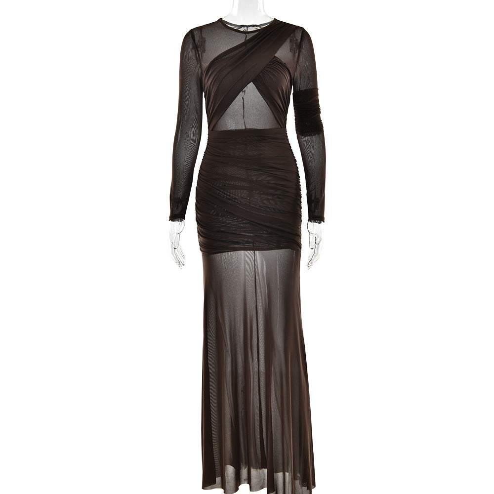 Crewneck long sleeve mesh ruched maxi dress