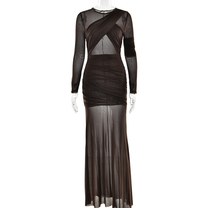 Crewneck long sleeve mesh ruched maxi dress