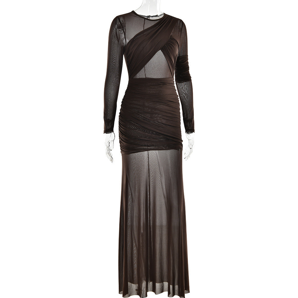 Crewneck long sleeve mesh ruched maxi dress