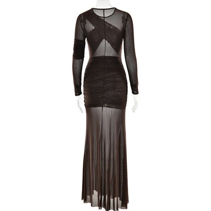 Crewneck long sleeve mesh ruched maxi dress