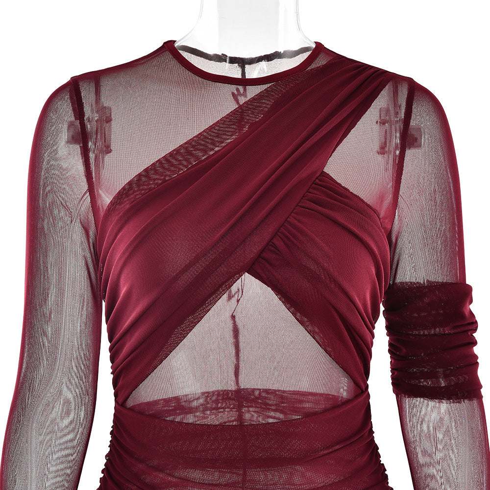 Crewneck long sleeve mesh ruched maxi dress