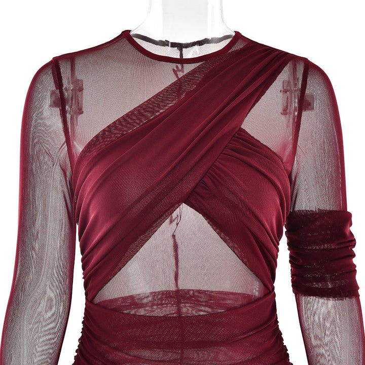 Crewneck long sleeve mesh ruched maxi dress