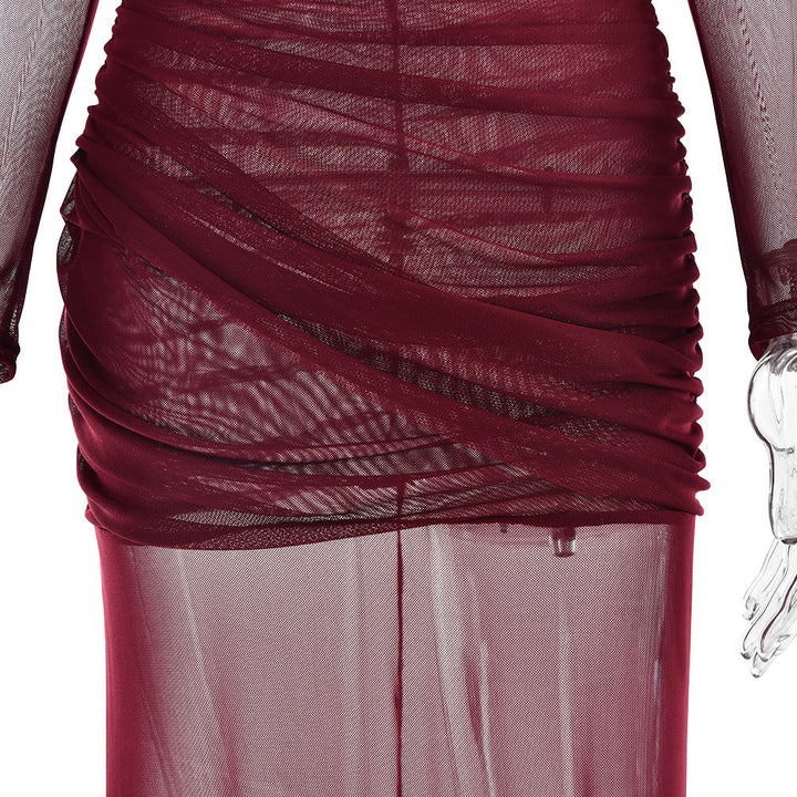 Crewneck long sleeve mesh ruched maxi dress