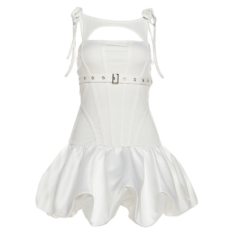 Hollow out self tie ruched buckle mini dress