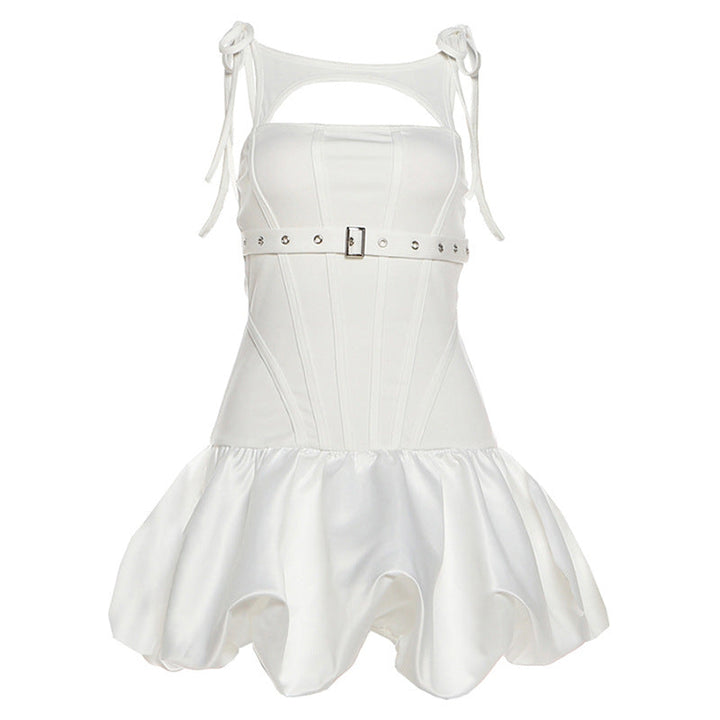 Hollow out self tie ruched buckle mini dress