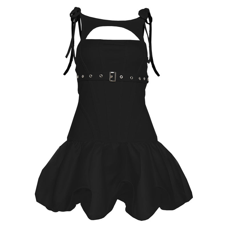 Hollow out self tie ruched buckle mini dress