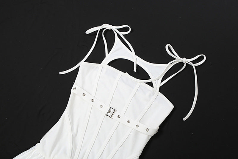 Hollow out self tie ruched buckle mini dress