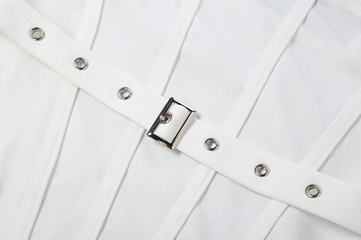 Hollow out self tie ruched buckle mini dress