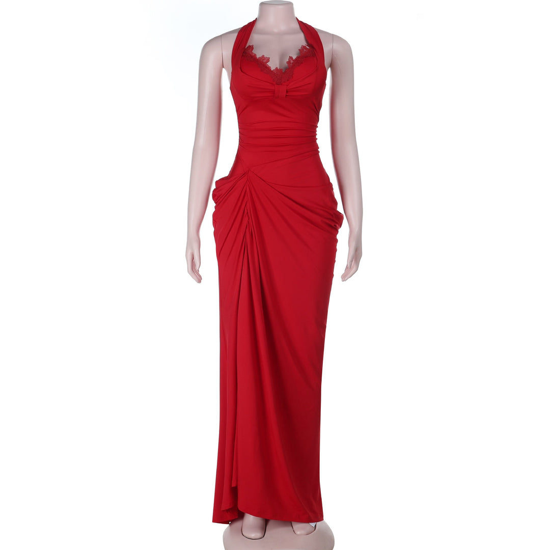 Ruched slit halter self tie v neck maxi dress