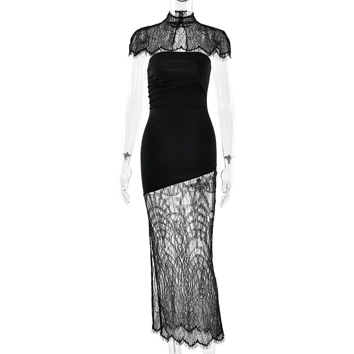 High neck lace hem shrug backless 2 piece midi dress