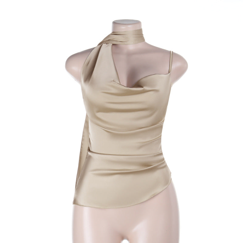 Cowl neck irregular pleated zip-up cami top