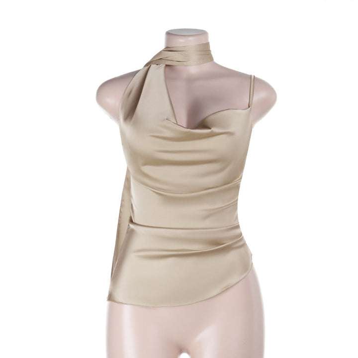 Cowl neck irregular pleated zip-up cami top