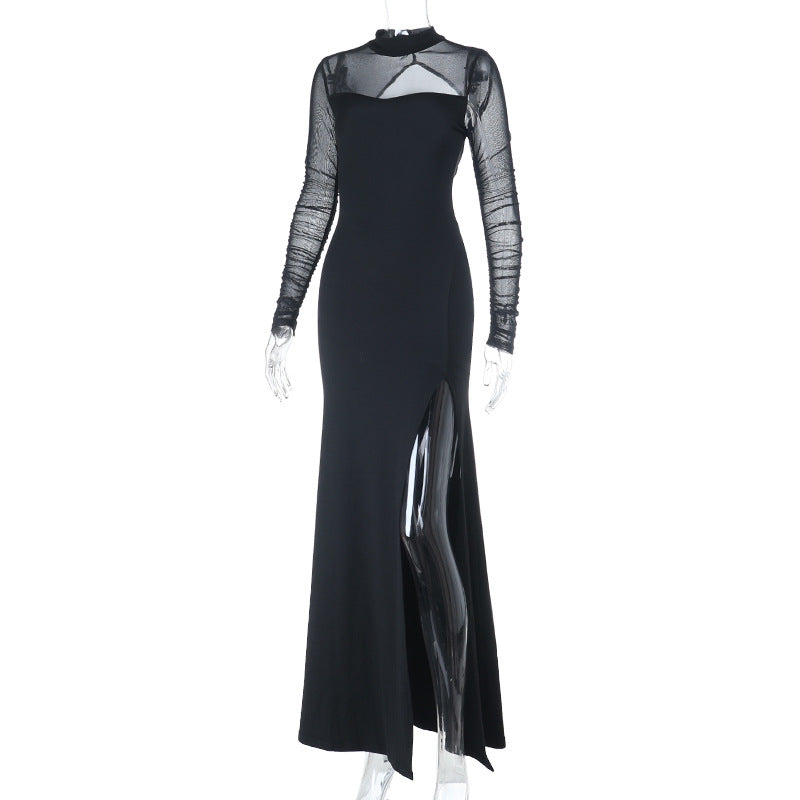 Long sleeve crewneck slit solid mesh maxi dress