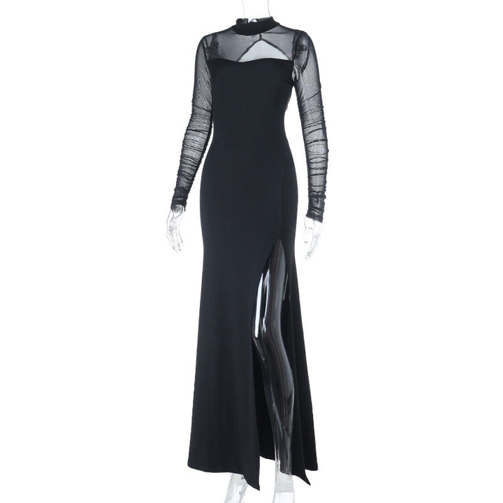 Long sleeve crewneck slit solid mesh maxi dress