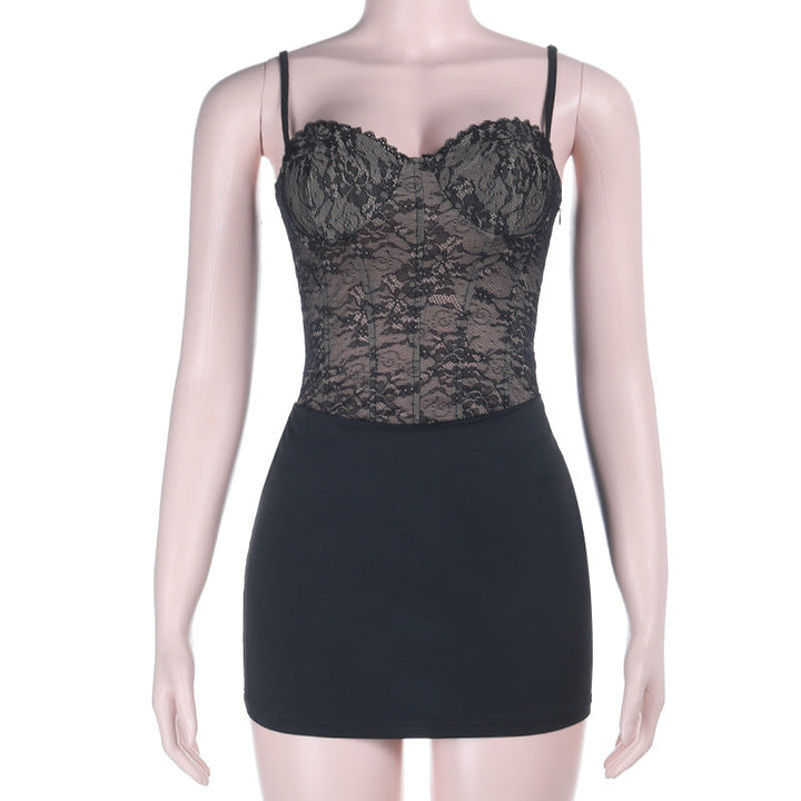 Lace up v neck lace backless cami mini dress