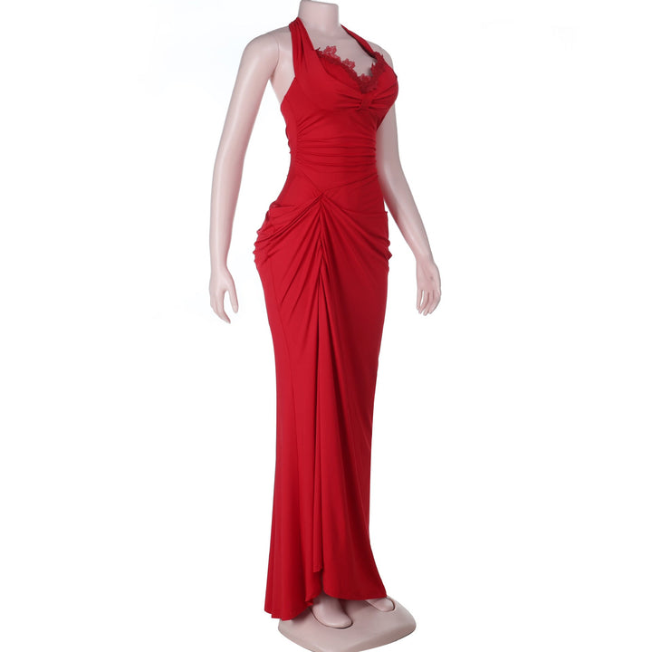 Ruched slit halter self tie v neck maxi dress