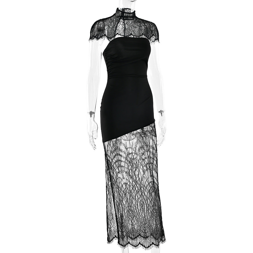 High neck lace hem shrug backless 2 piece midi dress