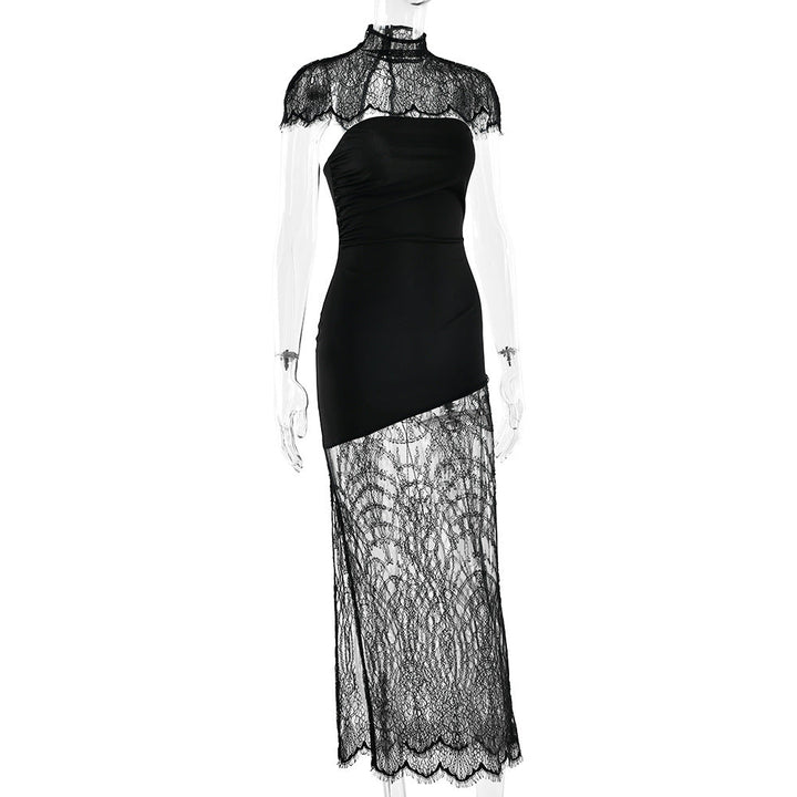 High neck lace hem shrug backless 2 piece midi dress