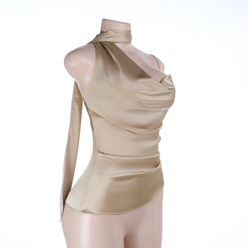 Cowl neck irregular pleated zip-up cami top