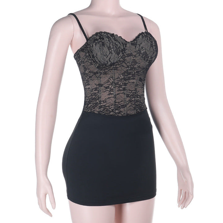 Lace up v neck lace backless cami mini dress