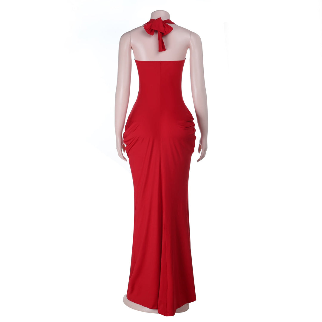 Ruched slit halter self tie v neck maxi dress