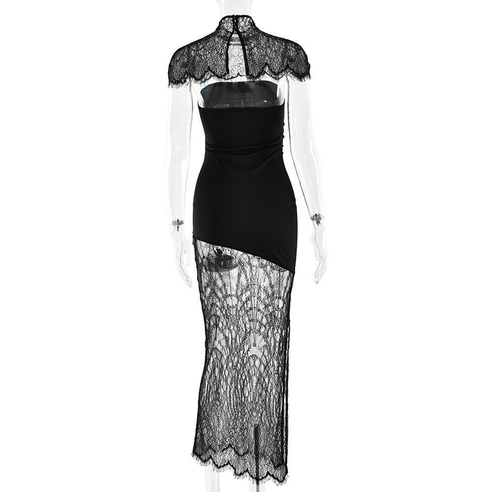 High neck lace hem shrug backless 2 piece midi dress