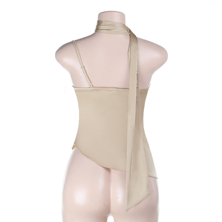 Cowl neck irregular pleated zip-up cami top