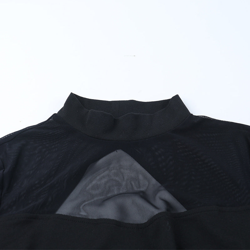 Long sleeve crewneck slit solid mesh maxi dress