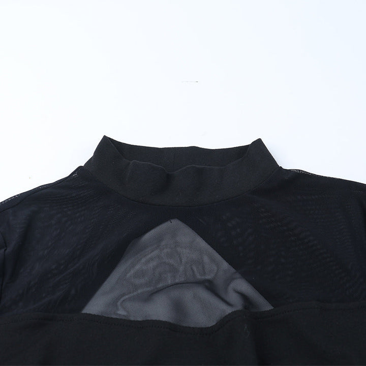 Long sleeve crewneck slit solid mesh maxi dress