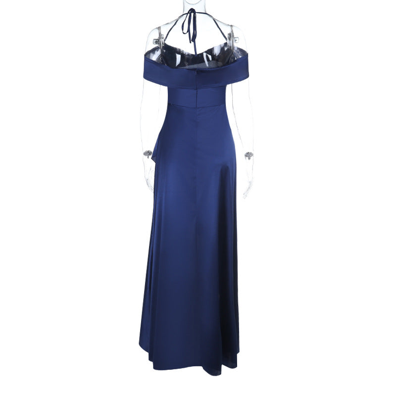 Satin slit ruffle halter self tie ruched midi dress