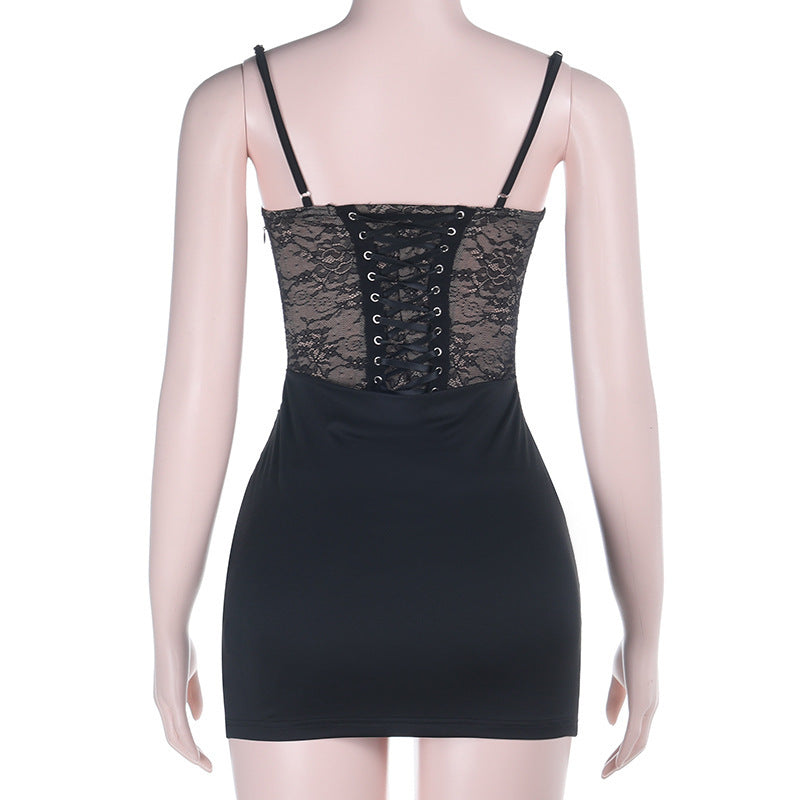 Lace up v neck lace backless cami mini dress