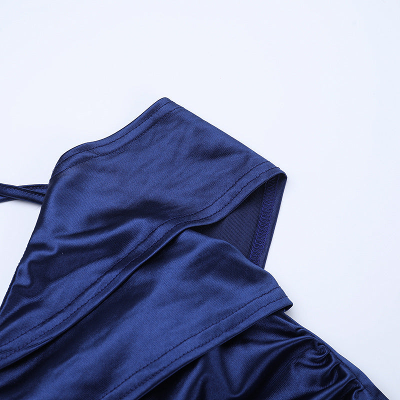 Satin slit ruffle halter self tie ruched midi dress