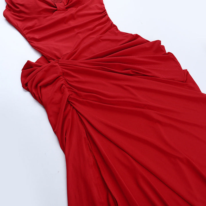 Ruched slit halter self tie v neck maxi dress