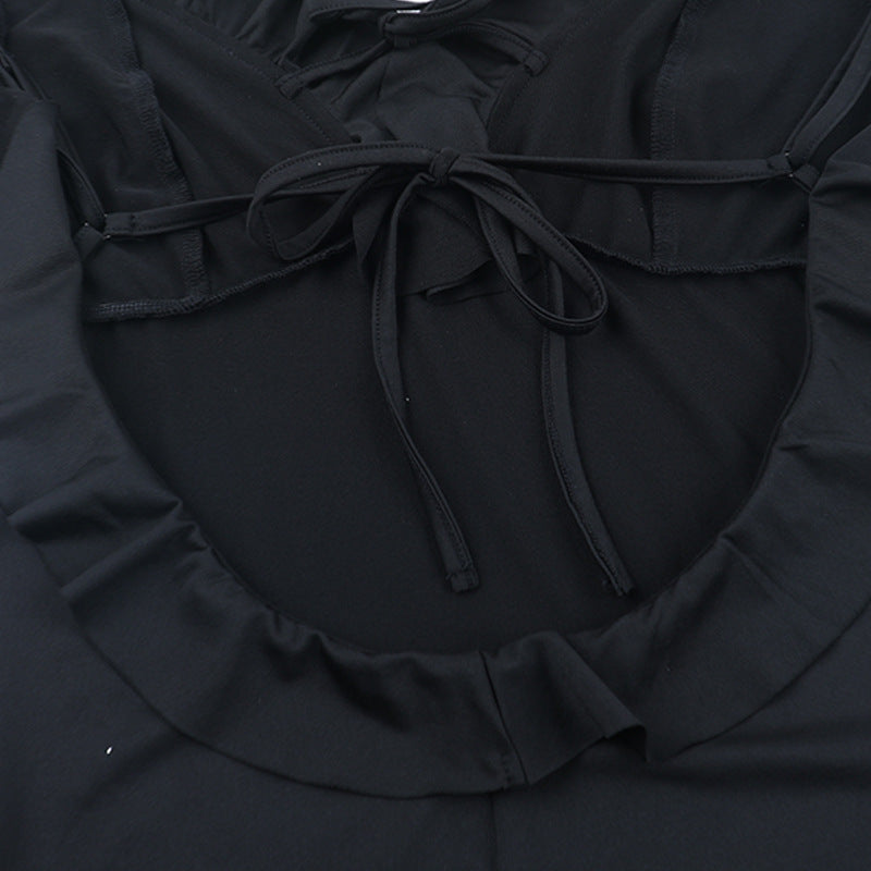 Ruffle v neck self tie backless cami maxi dress