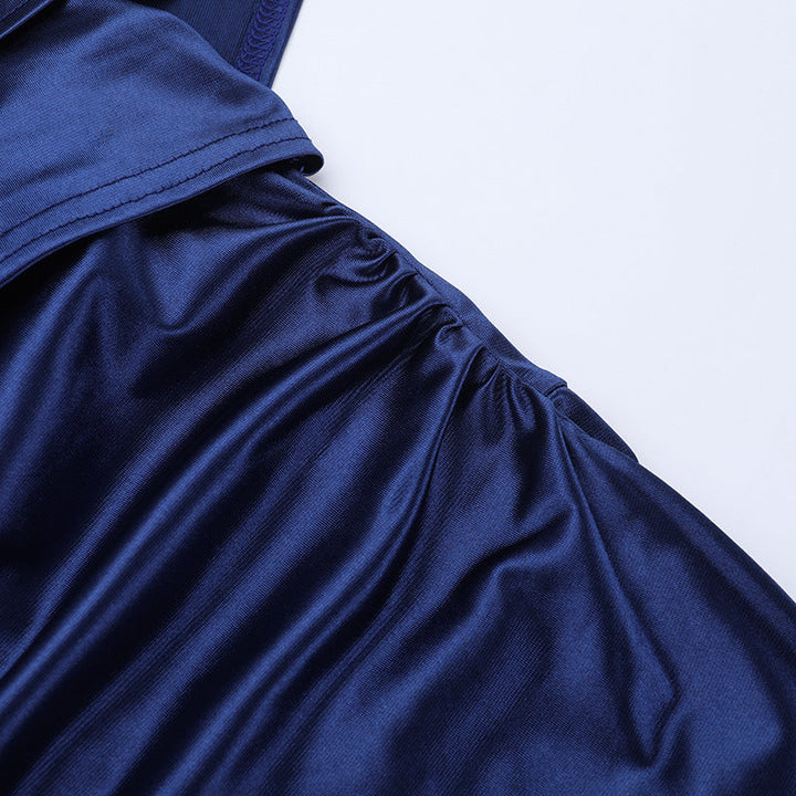 Satin slit ruffle halter self tie ruched midi dress