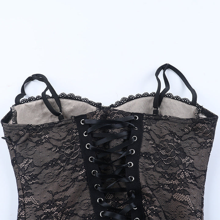 Lace up v neck lace backless cami mini dress